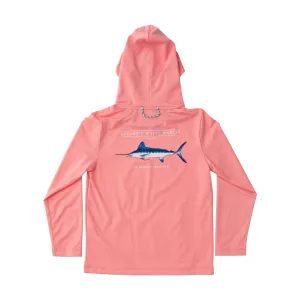 Kids Pro Performance Hoodie Fishing T-shirt in Flamingo Pink White Marlin Fish