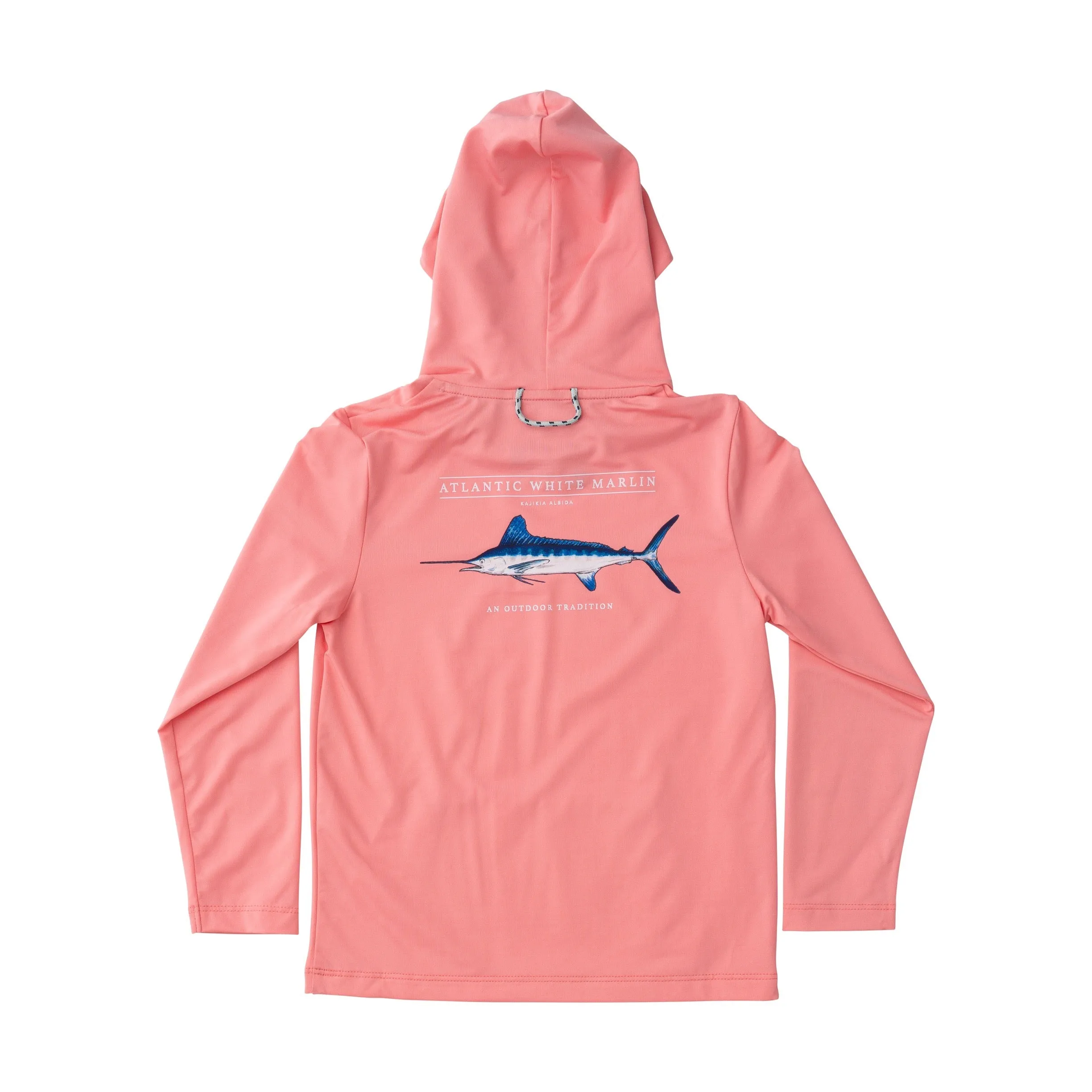Kids Pro Performance Hoodie Fishing T-shirt in Flamingo Pink White Marlin Fish