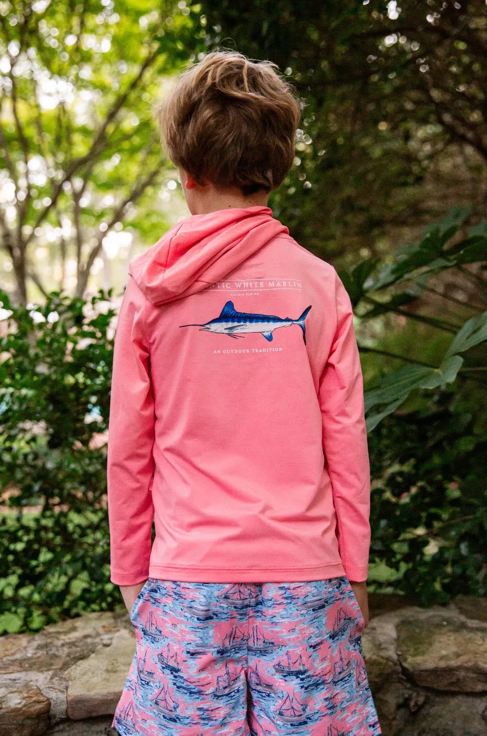Kids Pro Performance Hoodie Fishing T-shirt in Flamingo Pink White Marlin Fish