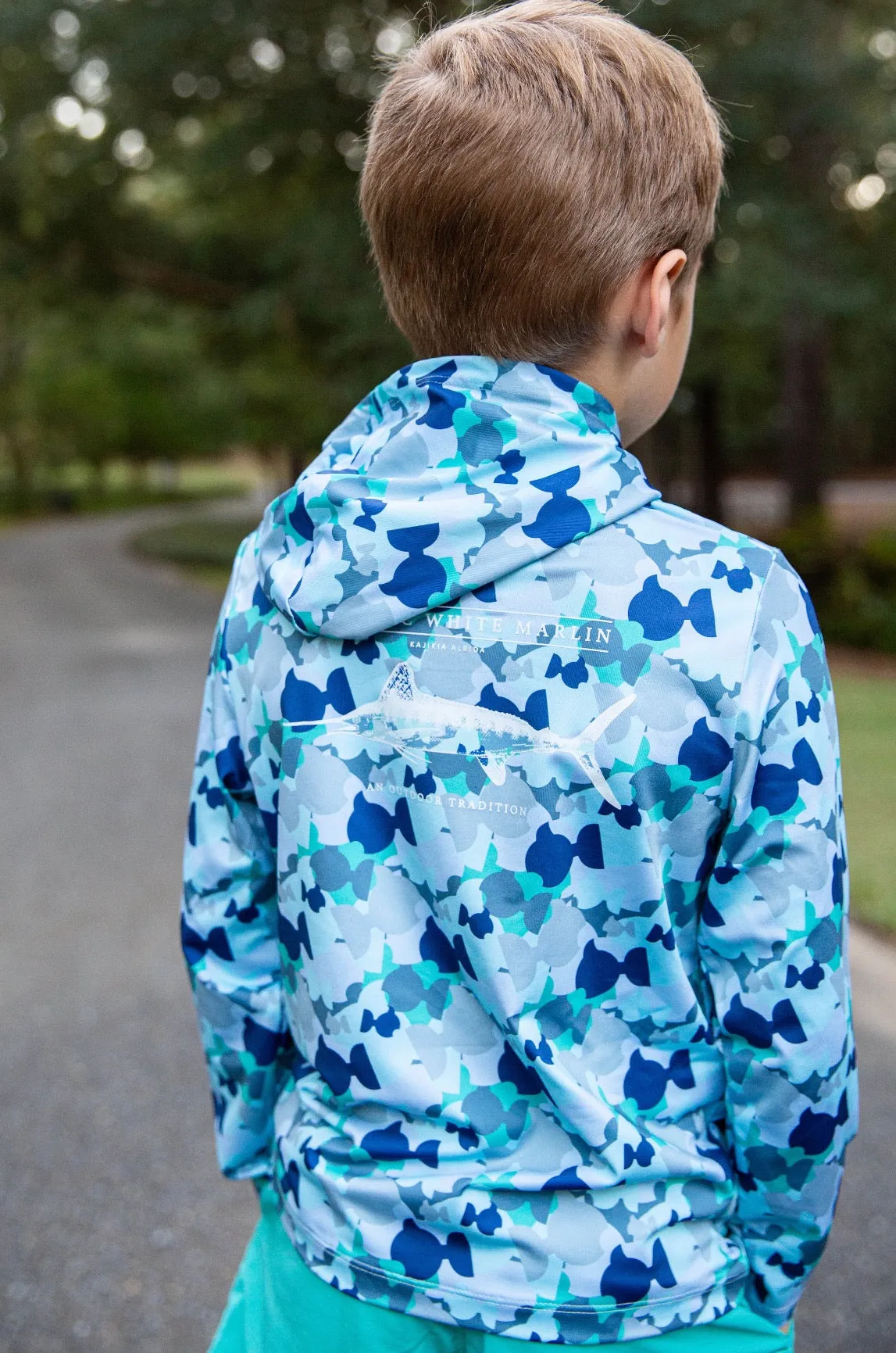 Kids Pro Performance Hoodie Fishing T-shirt in PRODOH Fish Camo White Marlin Fish