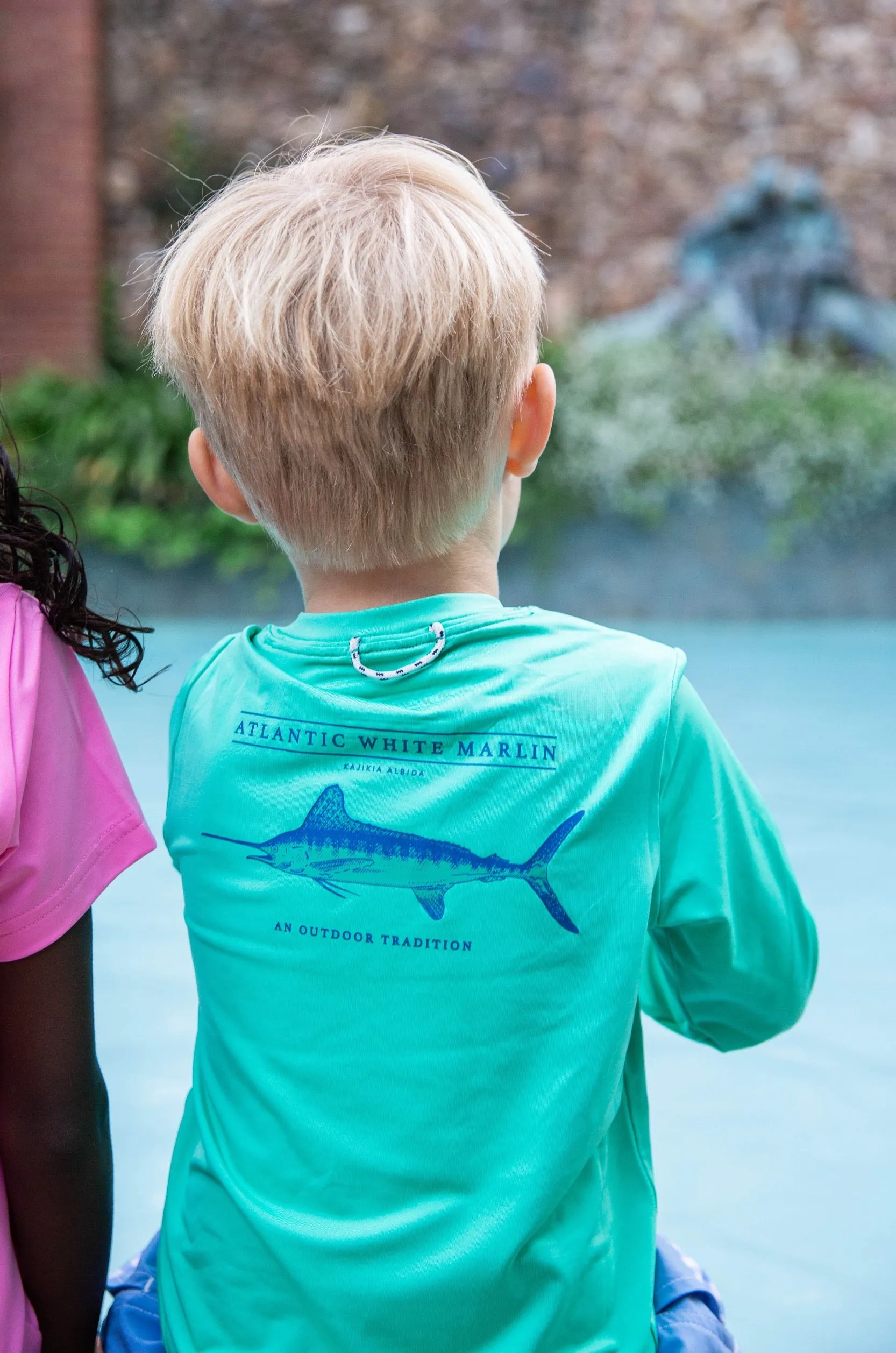 Kids Pro Performance Long Sleeve Fishing T-shirt in Atlantis Green with White Marlin Fish