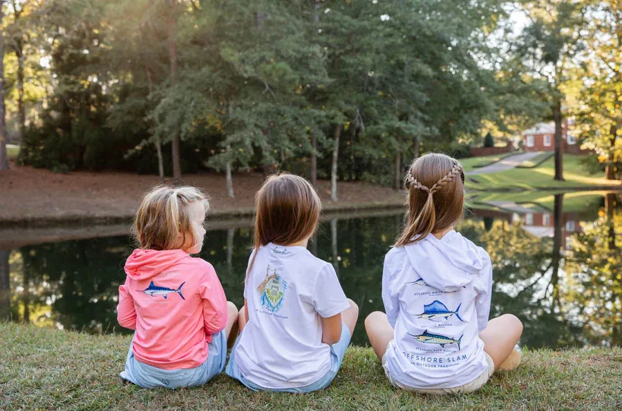 KIDS PRO PERFORMANCE SHORT SLEEVE FISHING T-SHIRT IN BRIGHT WHITE WITH MAHI CATCH OF THE DAY