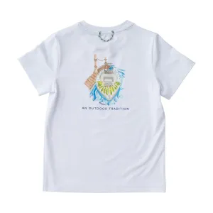 KIDS PRO PERFORMANCE SHORT SLEEVE FISHING T-SHIRT IN BRIGHT WHITE WITH MAHI CATCH OF THE DAY