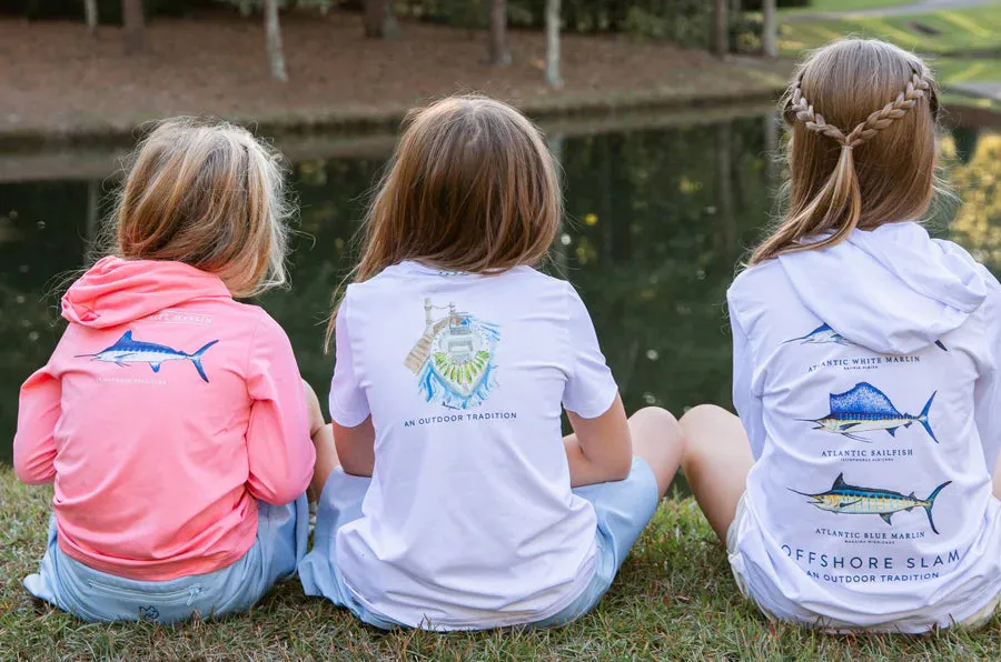 KIDS PRO PERFORMANCE SHORT SLEEVE FISHING T-SHIRT IN BRIGHT WHITE WITH MAHI CATCH OF THE DAY