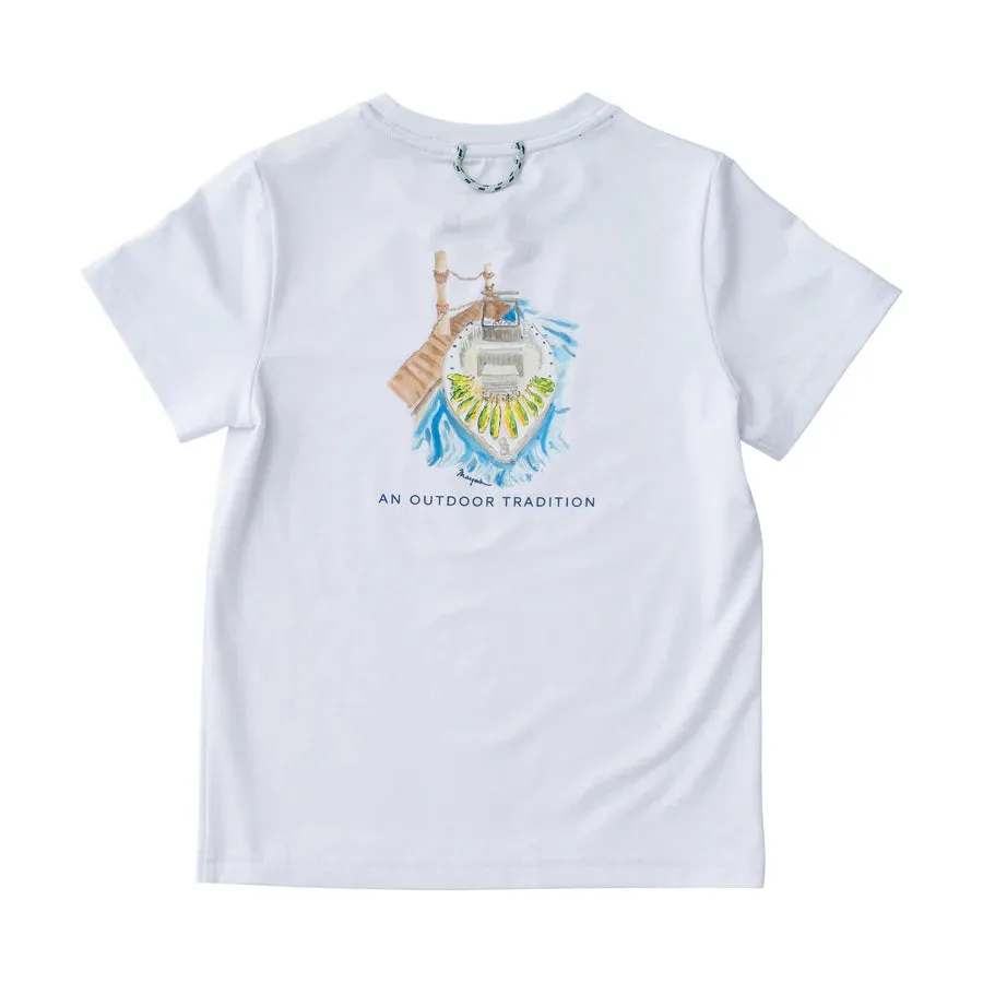 KIDS PRO PERFORMANCE SHORT SLEEVE FISHING T-SHIRT IN BRIGHT WHITE WITH MAHI CATCH OF THE DAY