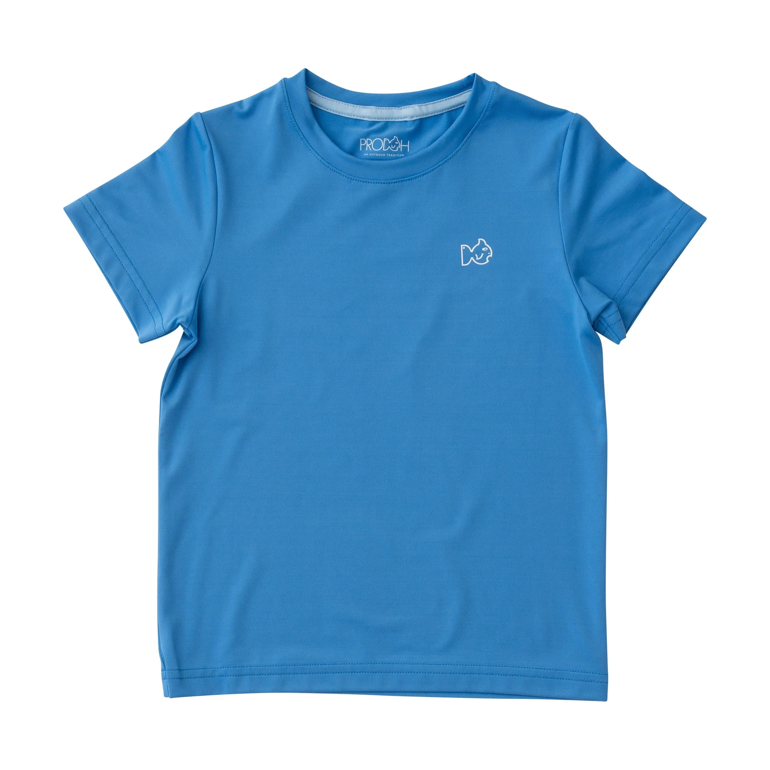 Kids Pro Performance Short Sleeve Fishing T-shirt in Marina Blue with Father Son Fishing Boat