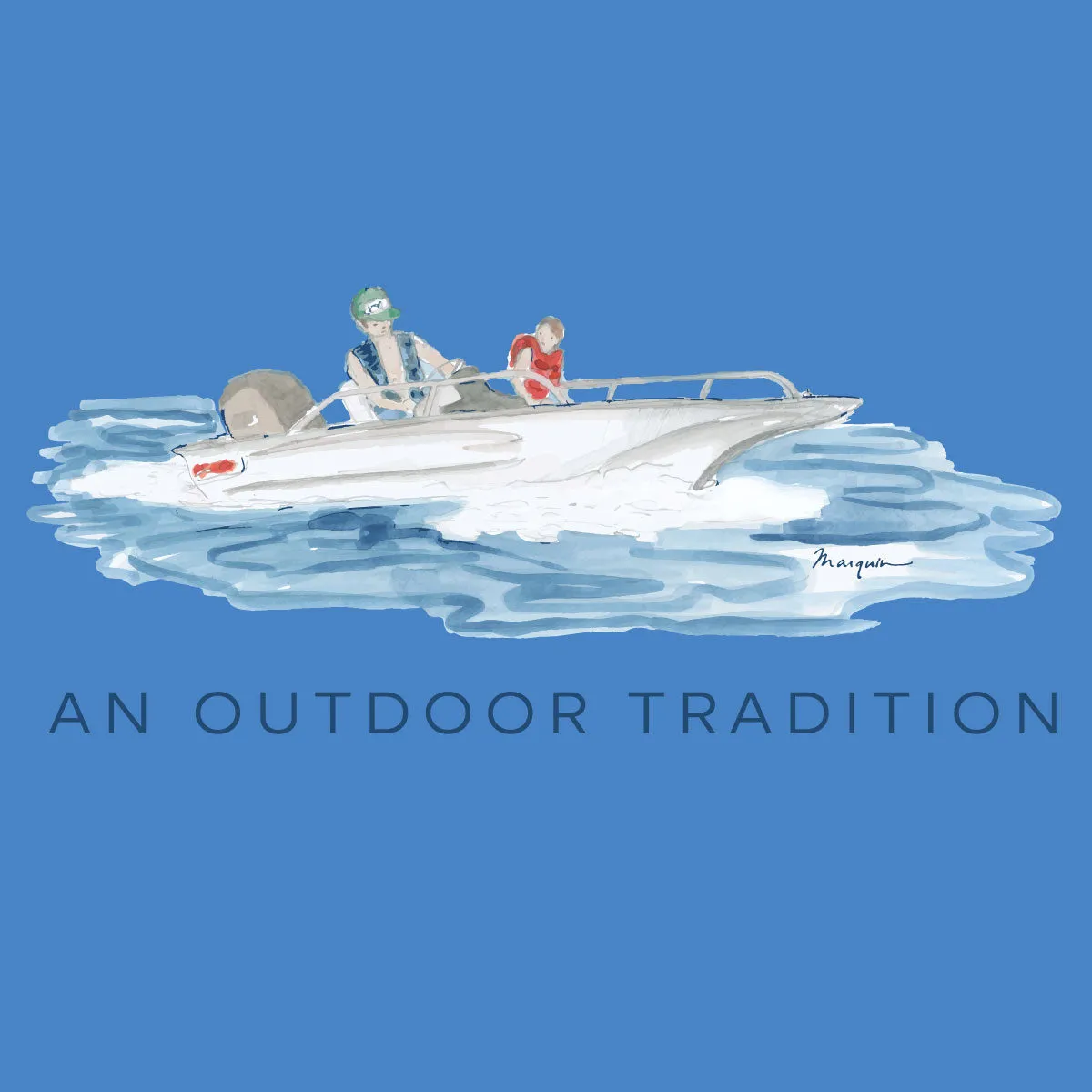 Kids Pro Performance Short Sleeve Fishing T-shirt in Marina Blue with Father Son Fishing Boat