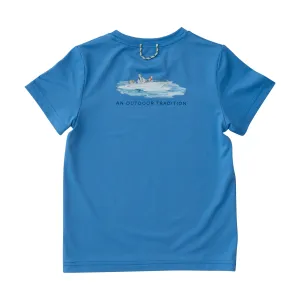 Kids Pro Performance Short Sleeve Fishing T-shirt in Marina Blue with Father Son Fishing Boat