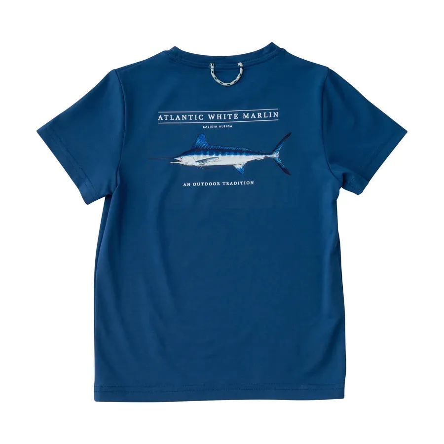 KIDS PRO PERFORMANCE SHORT SLEEVE FISHING T-SHIRT IN SET SAIL NAVY BLUE WITH WHITE MARLIN FISH