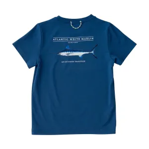 KIDS PRO PERFORMANCE SHORT SLEEVE FISHING T-SHIRT IN SET SAIL NAVY BLUE WITH WHITE MARLIN FISH