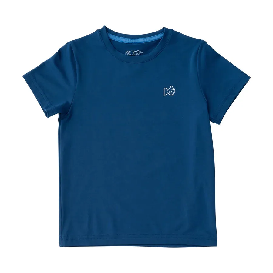 KIDS PRO PERFORMANCE SHORT SLEEVE FISHING T-SHIRT IN SET SAIL NAVY BLUE WITH WHITE MARLIN FISH