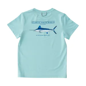 Kids Pro Performance Short Sleeve Fishing T-shirt in Waterspout Blue with White Marlin Fish