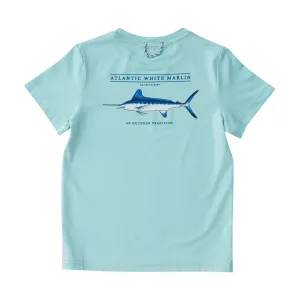 KIDS PRO PERFORMANCE SHORT SLEEVE FISHING T-SHIRT IN WATERSPOUT BLUE WITH WHITE MARLIN FISH