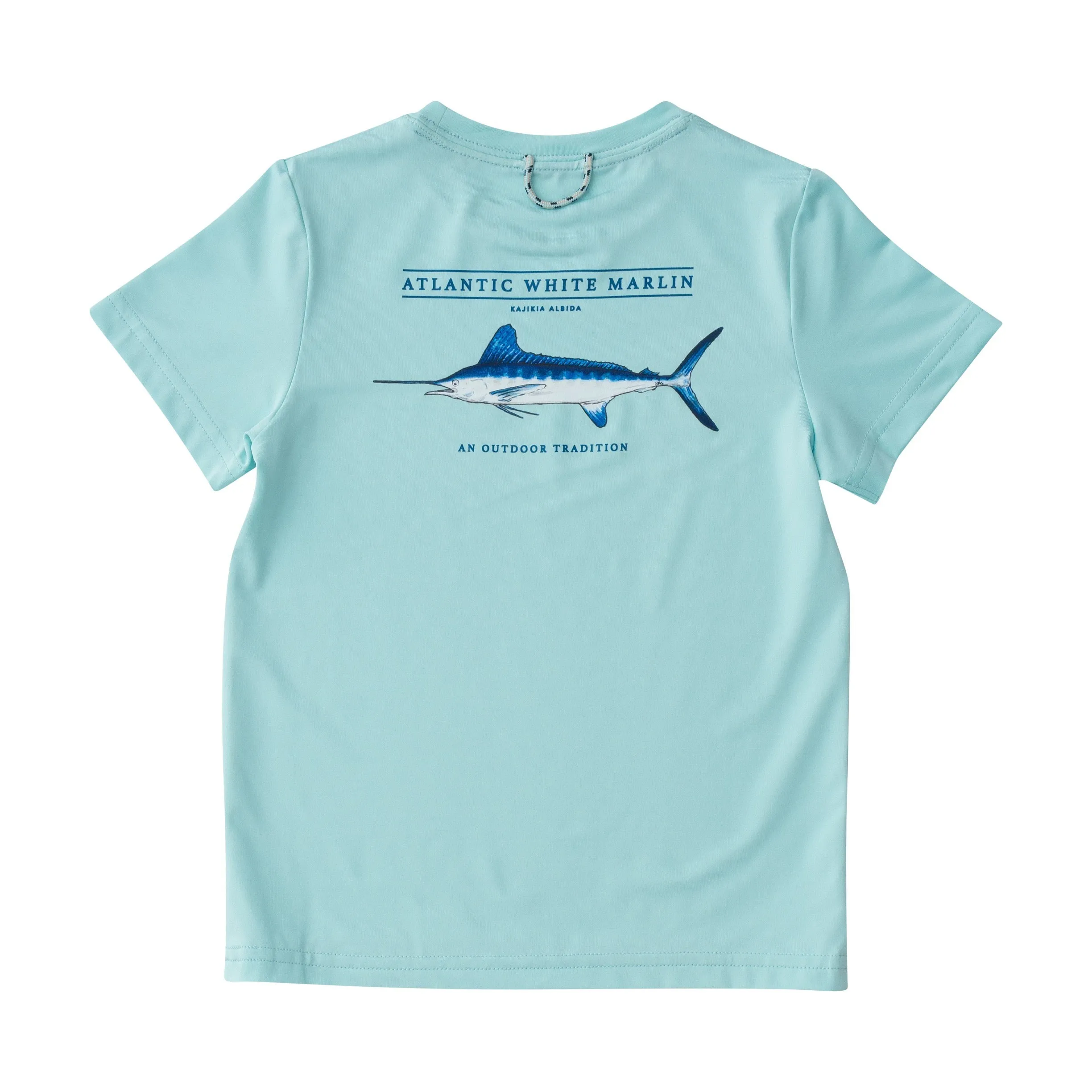 Kids Pro Performance Short Sleeve Fishing T-shirt in Waterspout Blue with White Marlin Fish