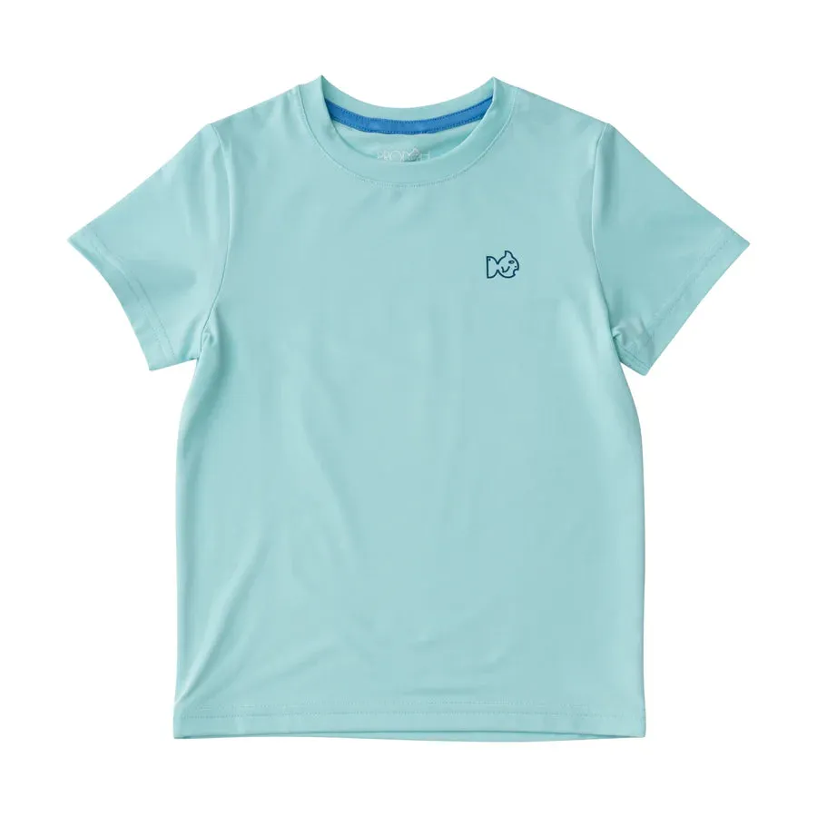 KIDS PRO PERFORMANCE SHORT SLEEVE FISHING T-SHIRT IN WATERSPOUT BLUE WITH WHITE MARLIN FISH