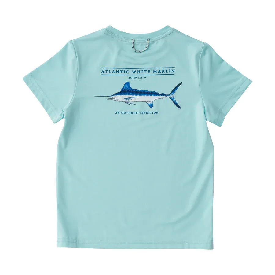 KIDS PRO PERFORMANCE SHORT SLEEVE FISHING T-SHIRT IN WATERSPOUT BLUE WITH WHITE MARLIN FISH