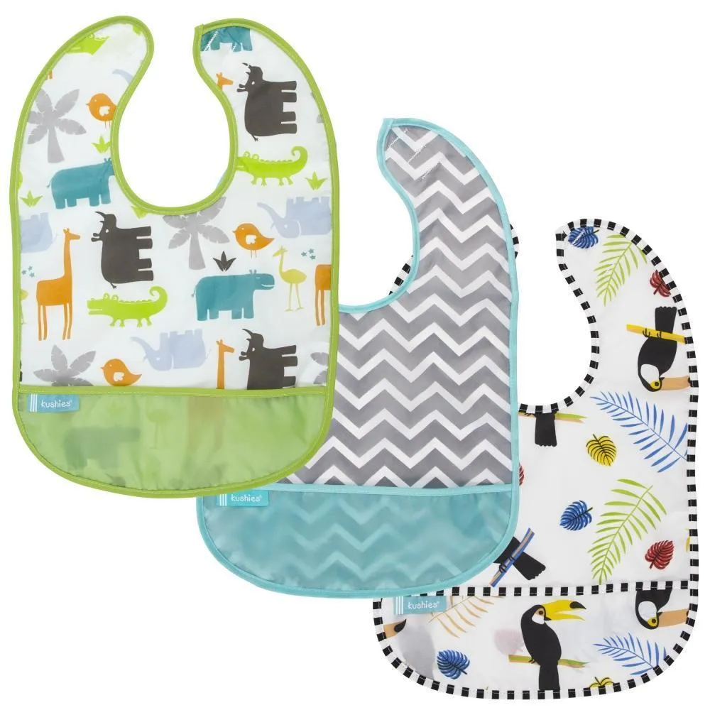 Kushies Cleanbib 3-Pack 6-12 Months (White Jungle/Turquoise Chevron/White Toucans)