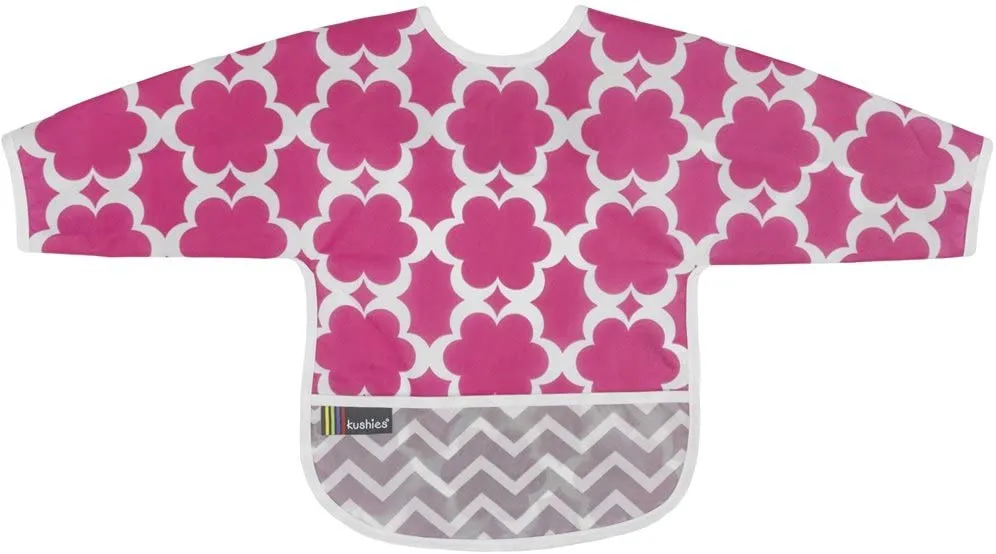 Kushies Cleanbib Waterproof Feeding Bib with Sleeves and Catch All/Crumb Catcher pocket. Wipe clean and reuse! Lightweight for comfort, Baby Girls, 2-4 Yrs, Fuchsia Modern Flowers