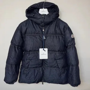 LADIES MONCLER KUNDOGI LOGO DOWN PUFER JACKET - NAVY DENIM