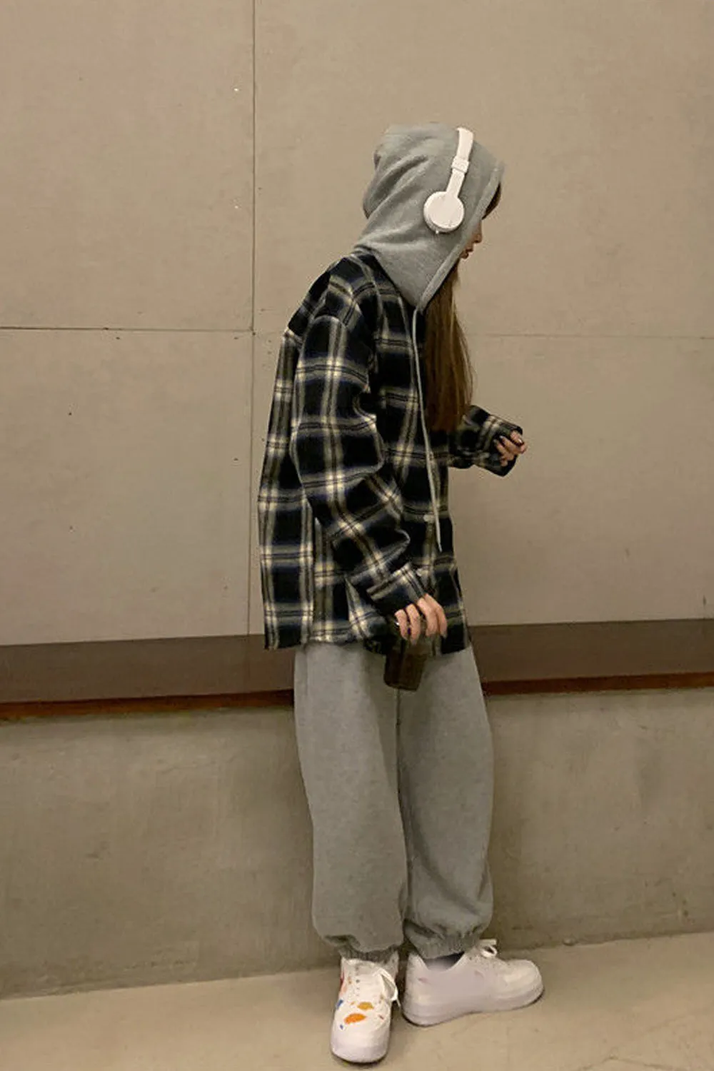 Long Sleeve Plaid Hooded Blouse Shirt