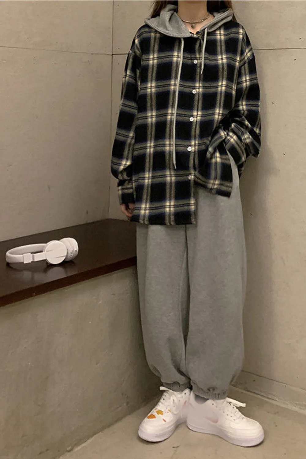 Long Sleeve Plaid Hooded Blouse Shirt