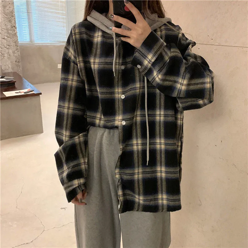 Long Sleeve Plaid Hooded Blouse Shirt