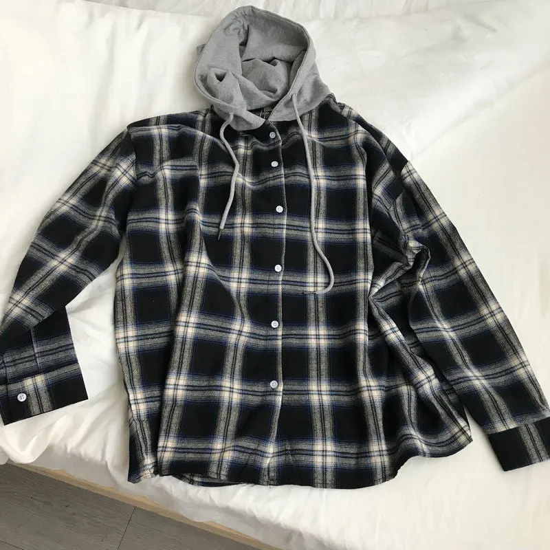 Long Sleeve Plaid Hooded Blouse Shirt