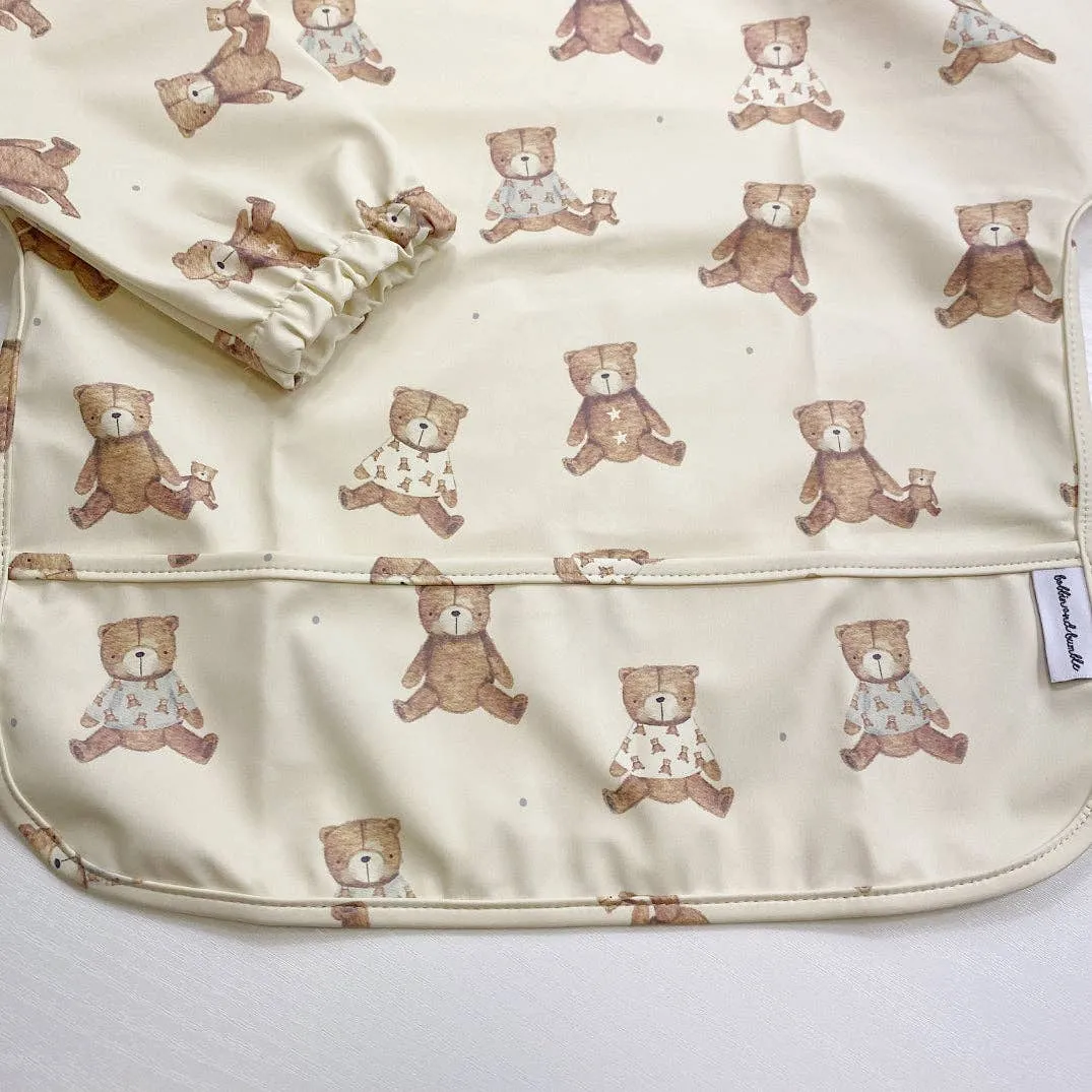 Long-Sleeved Baby Bib | Teddy Bear Print | Waterproof & Wipe