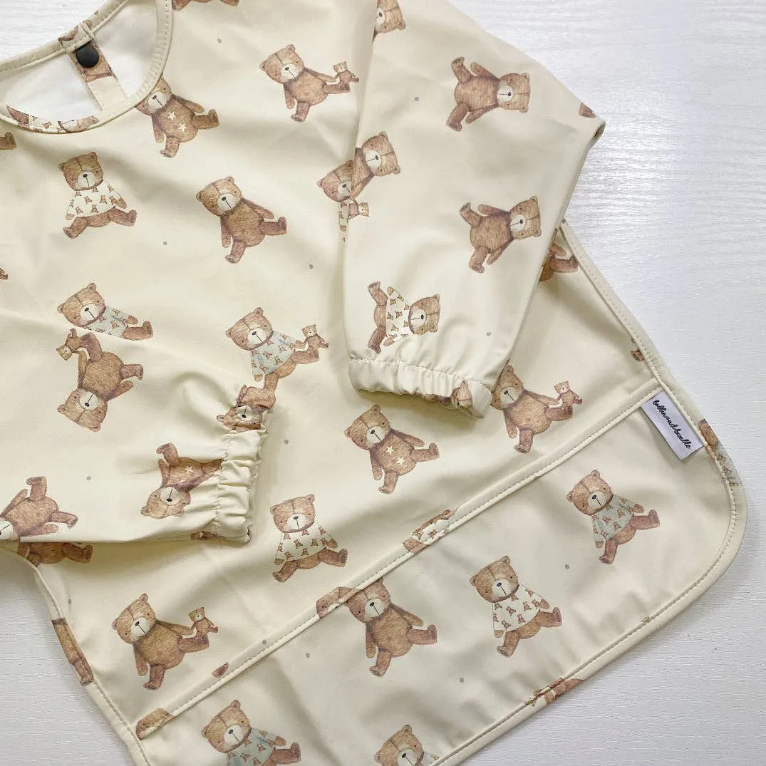 Long-Sleeved Baby Bib | Teddy Bear Print | Waterproof & Wipe