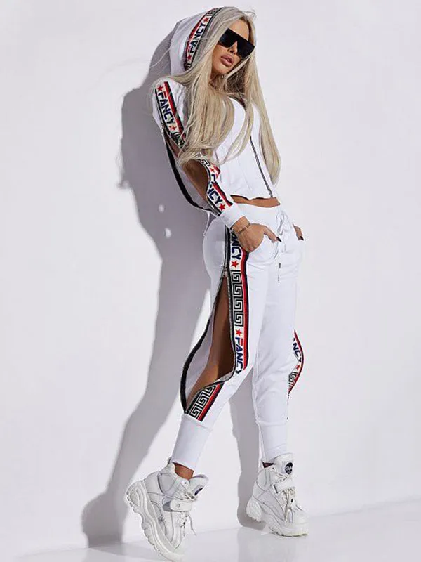 Long Sleeves Letter Print Split-Side Zipper Hooded Jackets Pants Two Pieces Set