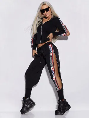 Long Sleeves Letter Print Split-Side Zipper Hooded Jackets Pants Two Pieces Set