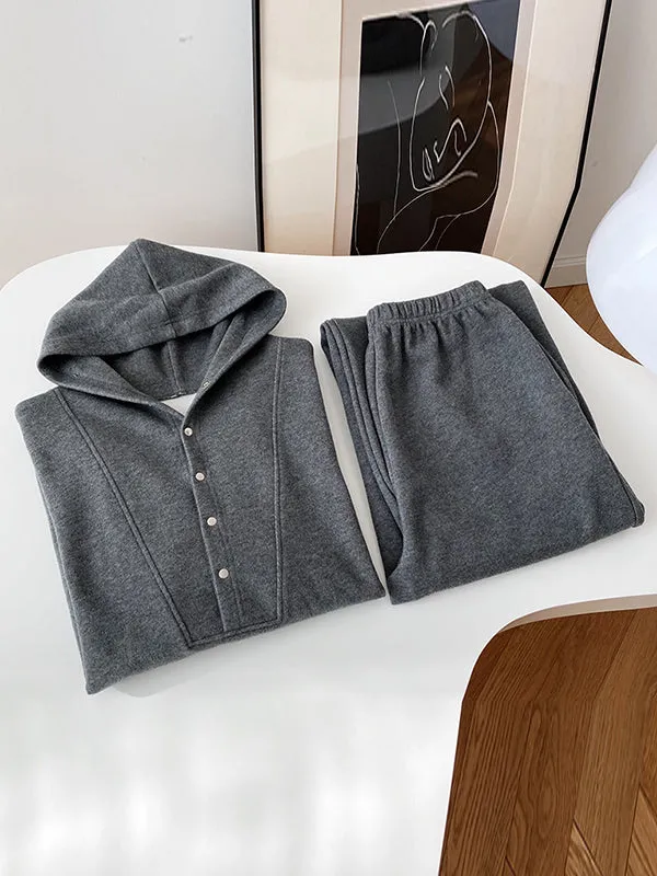 Loose Long Sleeves Split-Joint Hoodies   Elasticity Solid Color Pants Trousers Two Pieces Set