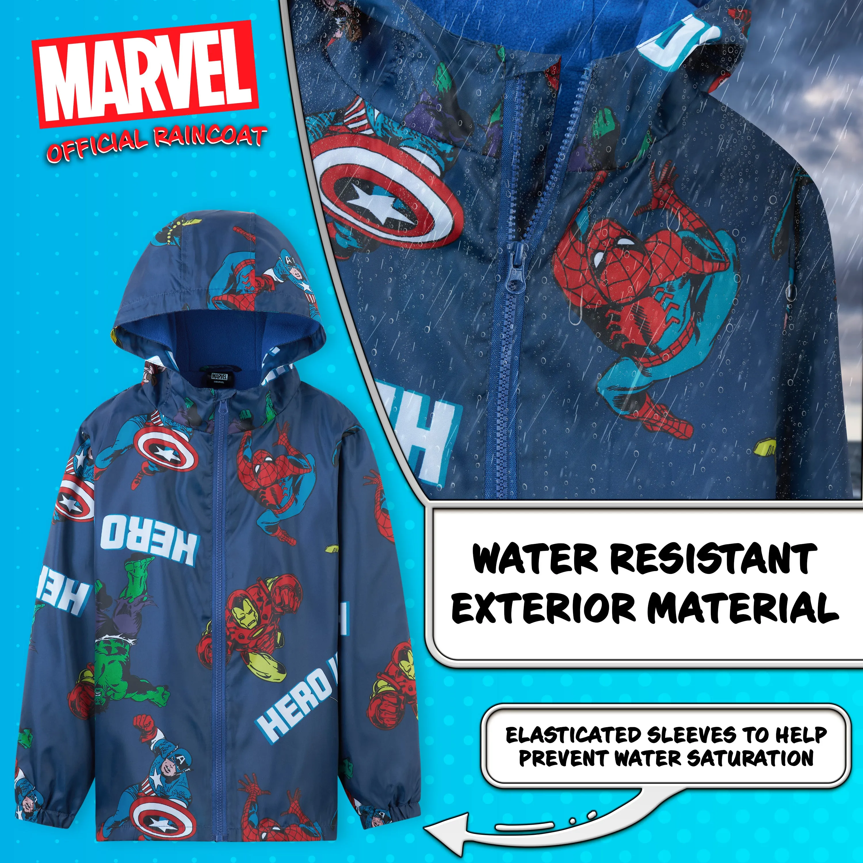 Marvel Boys Waterproof Jacket, Fleece Lining Raincoat for Boys