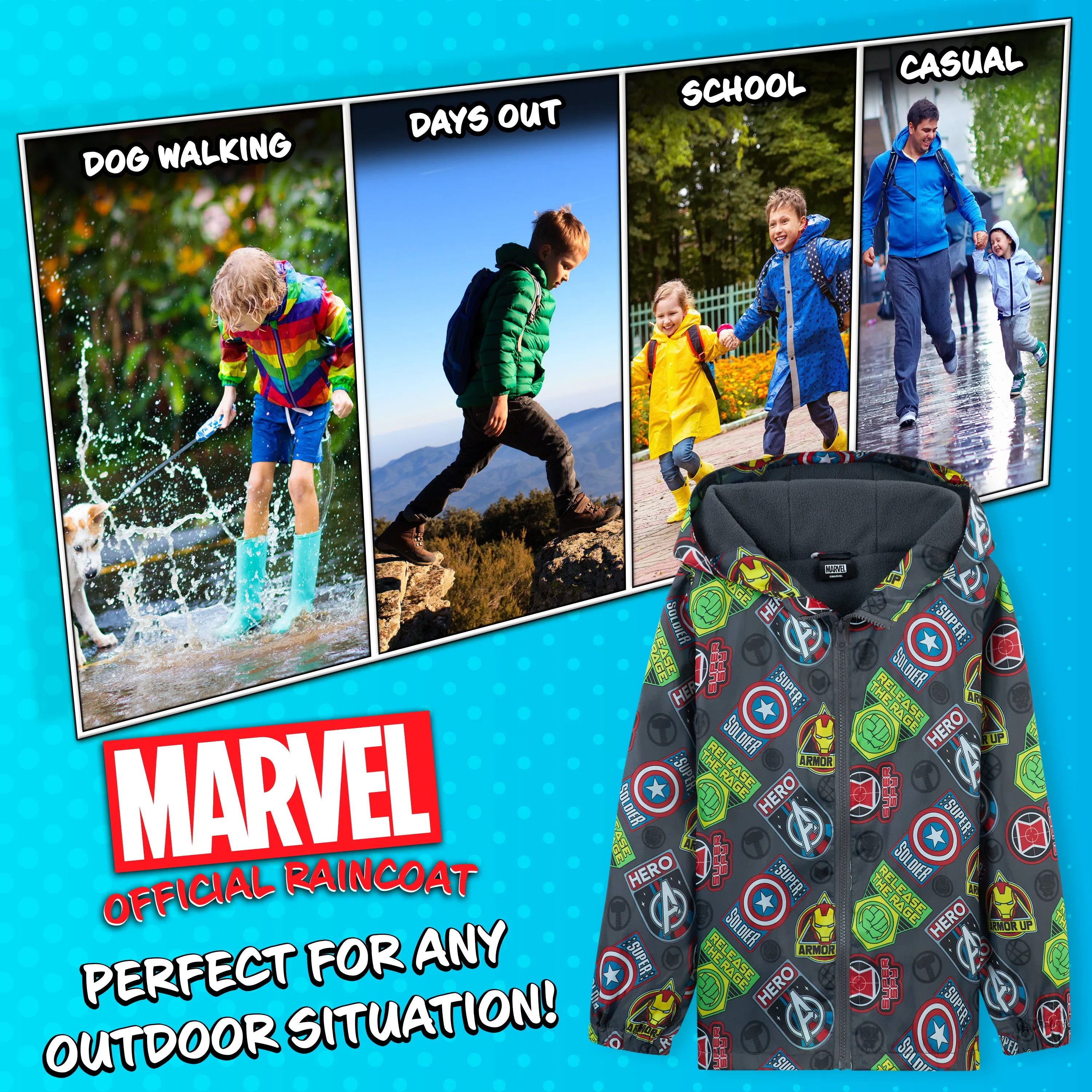 Marvel Boys Waterproof Jacket, Fleece Lining Raincoat for Boys