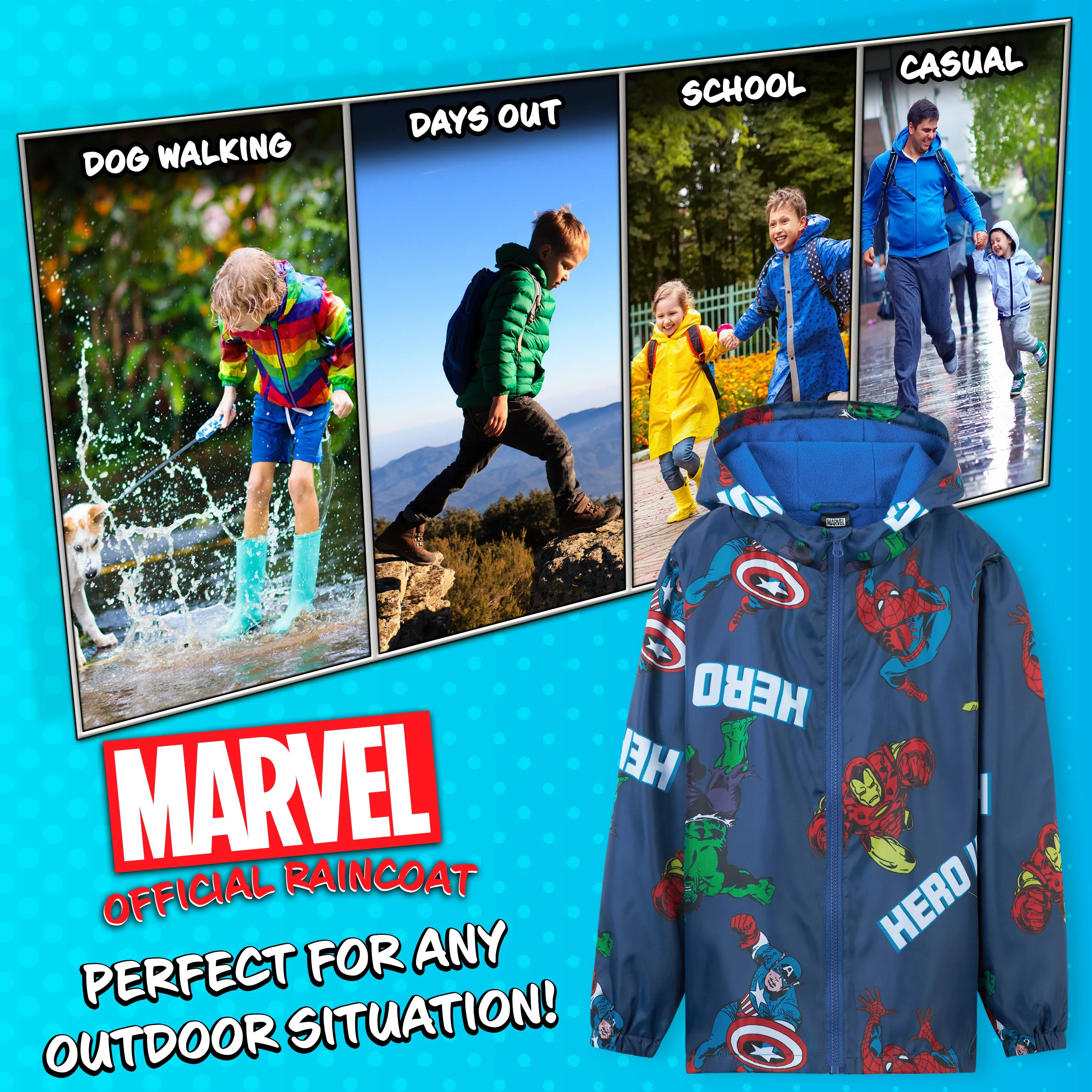 Marvel Boys Waterproof Jacket, Fleece Lining Raincoat for Boys