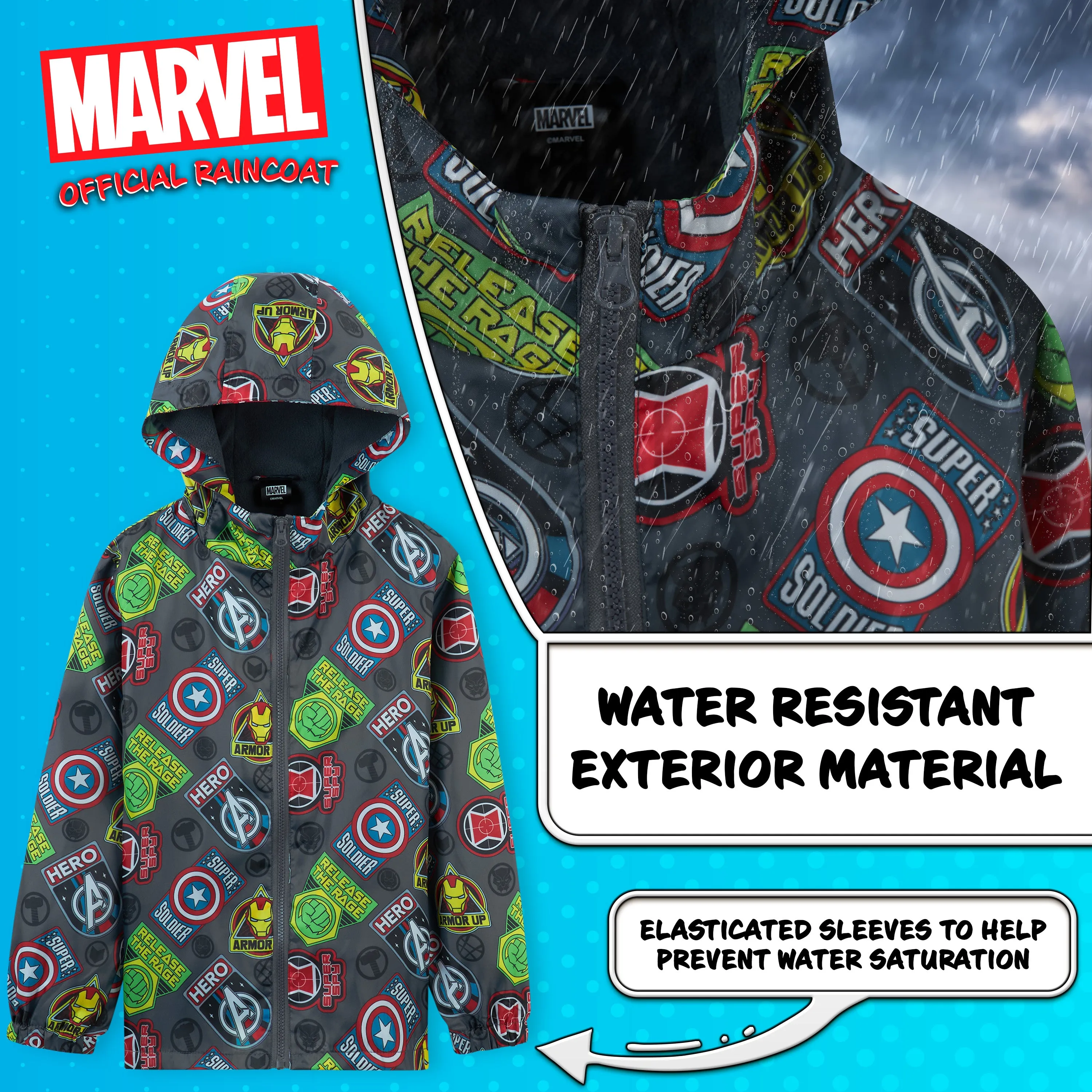 Marvel Boys Waterproof Jacket, Fleece Lining Raincoat for Boys