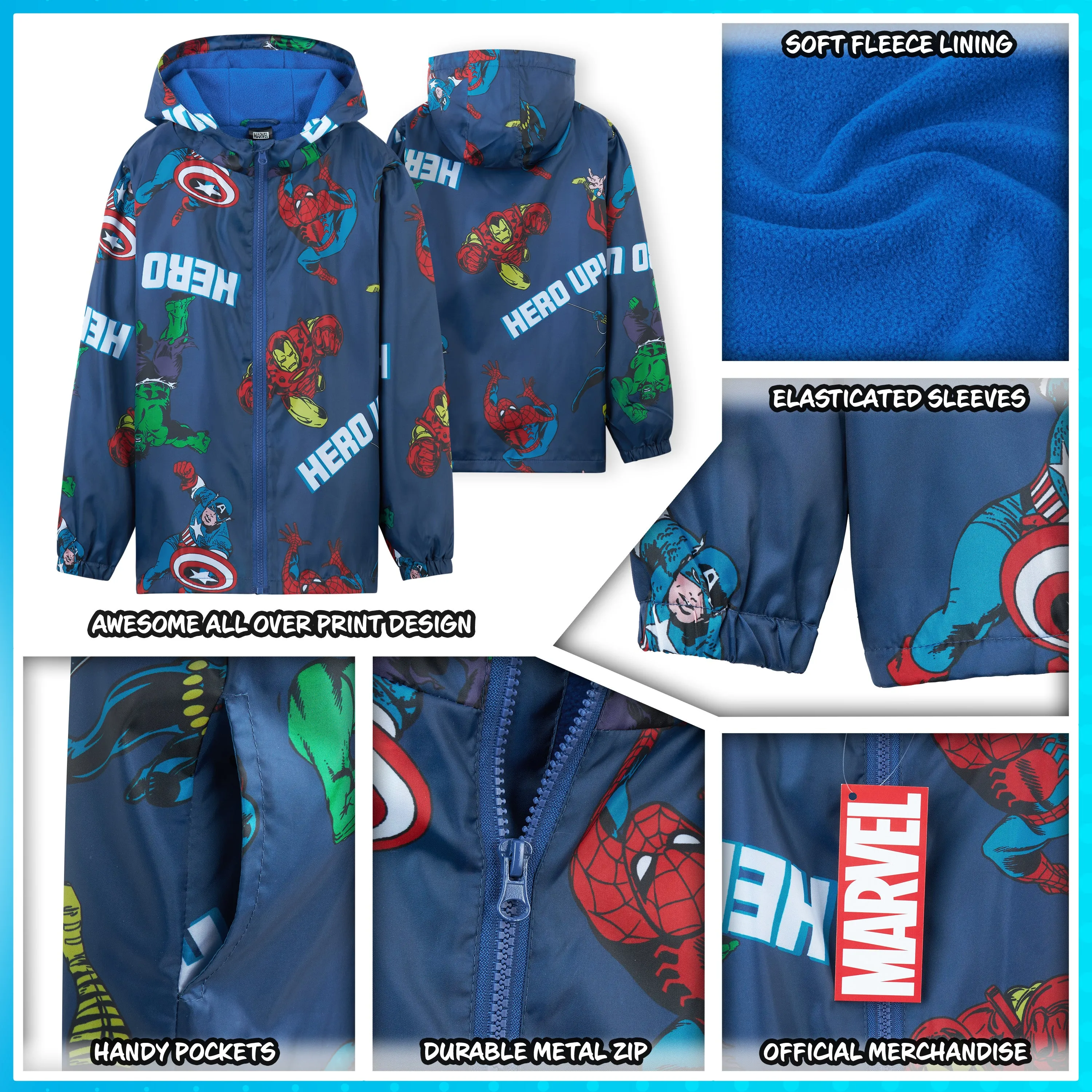 Marvel Boys Waterproof Jacket, Fleece Lining Raincoat for Boys