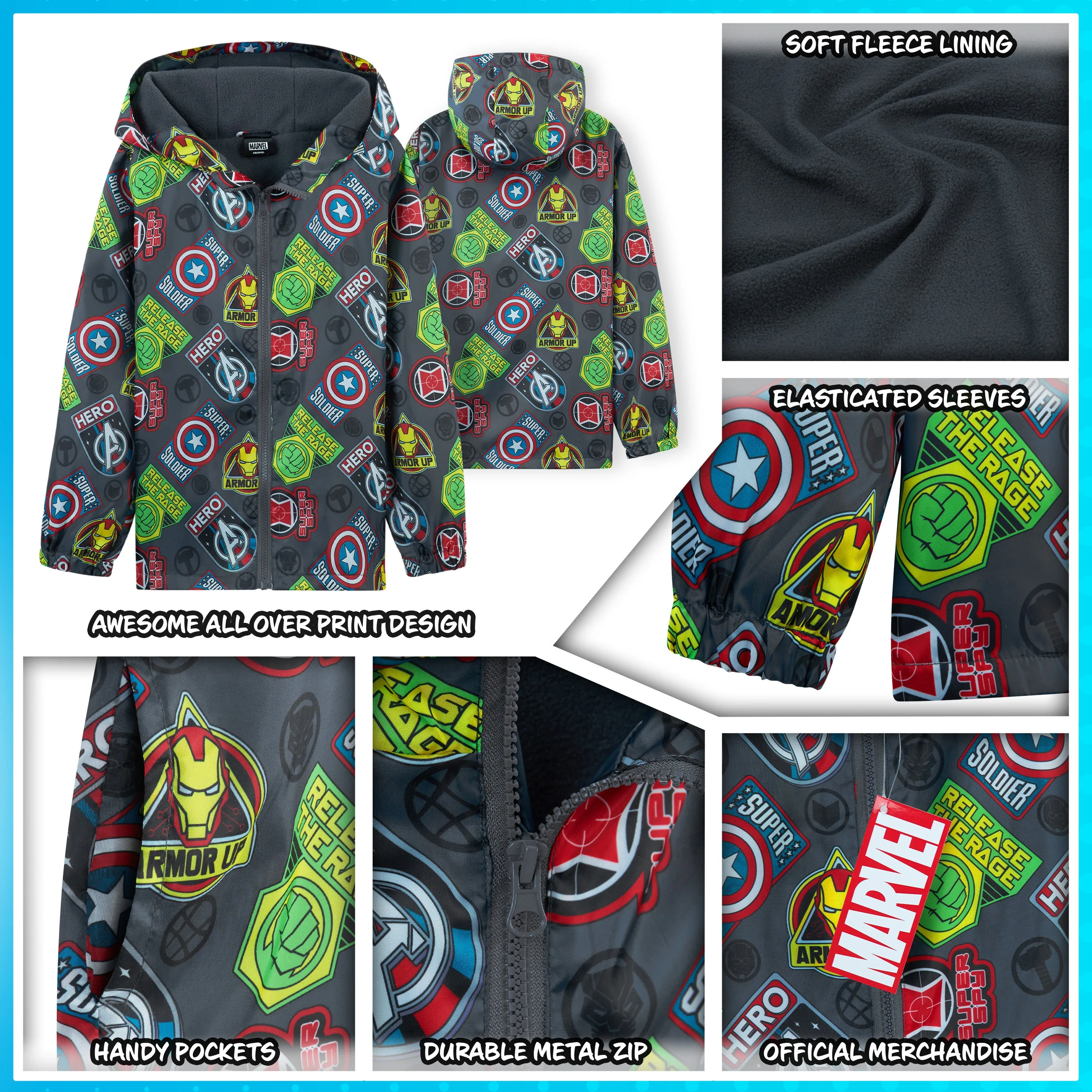 Marvel Boys Waterproof Jacket, Fleece Lining Raincoat for Boys