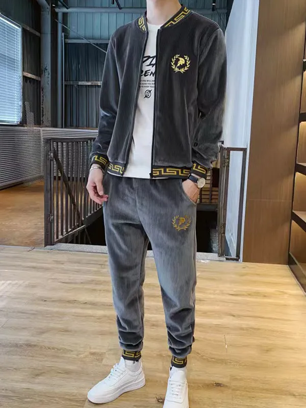 Men's Casual Long Sleeve Hooded Gold Velvet Cardigan Set