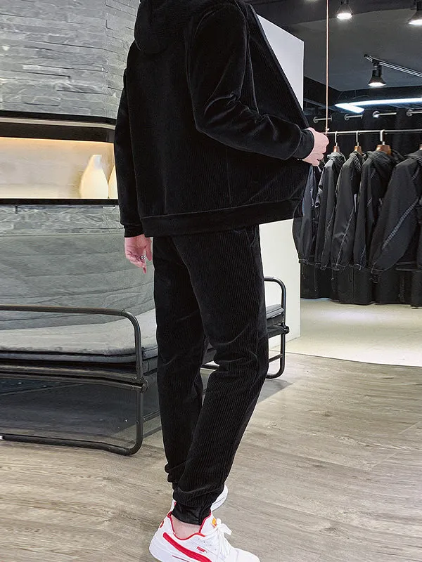 Men's Casual Long Sleeve Hooded Gold Velvet Cardigan Set