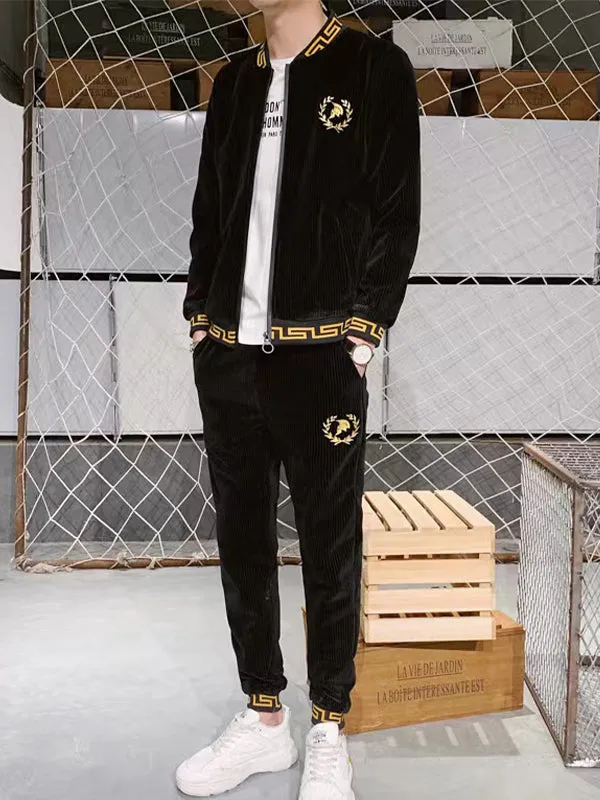Men's Casual Long Sleeve Hooded Gold Velvet Cardigan Set