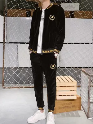 Men's Casual Long Sleeve Hooded Gold Velvet Cardigan Set