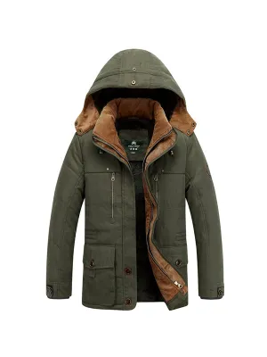 Men's Multi-Pocket Plush Thickened Hooded Cotton Jacket Coat
