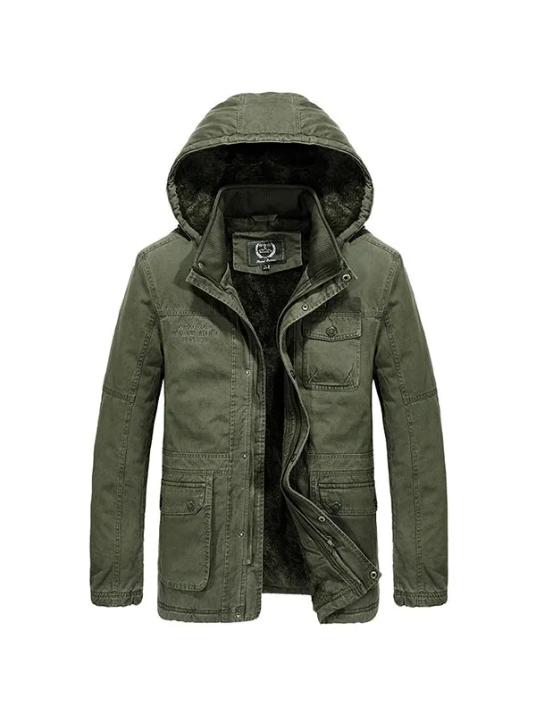 Men's Multi-Pocket Plush Thickened Hooded Cotton Jacket Coat