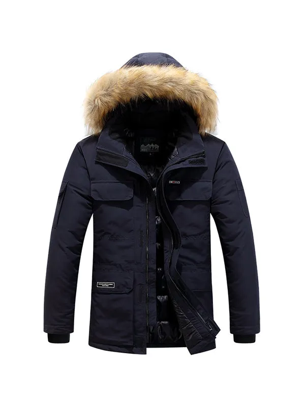 Men's Multi-Pocket Plush Thickened Hooded Cotton Jacket Coat