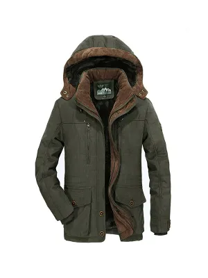 Men's Multi-Pocket Plush Thickened Hooded Cotton Jacket Coat