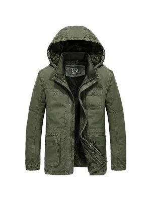 Men's Multi-Pocket Plush Thickened Hooded Cotton Jacket Coat