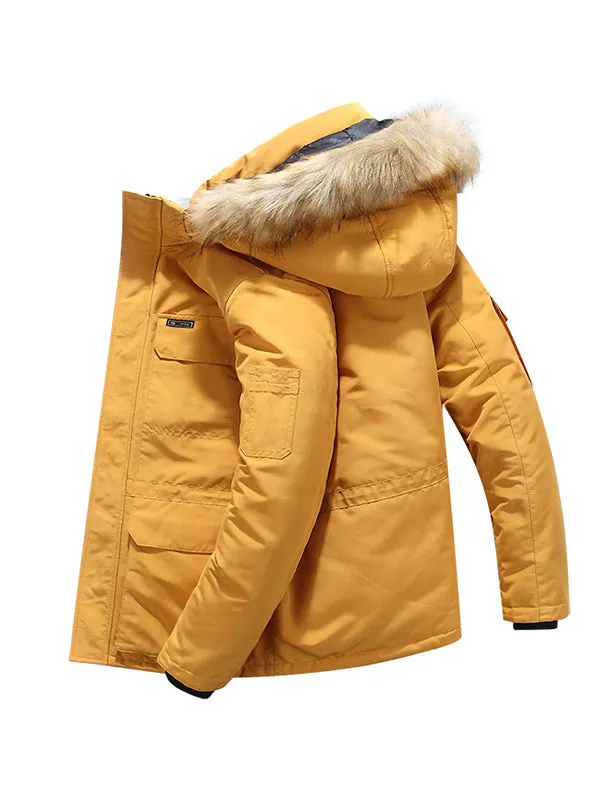 Men's Multi-Pocket Plush Thickened Hooded Cotton Jacket Coat