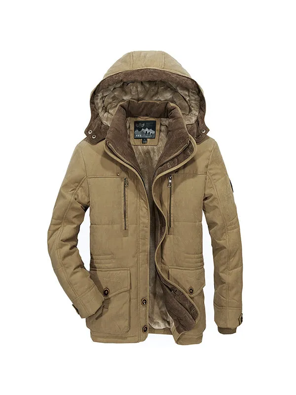 Men's Multi-Pocket Plush Thickened Hooded Cotton Jacket Coat