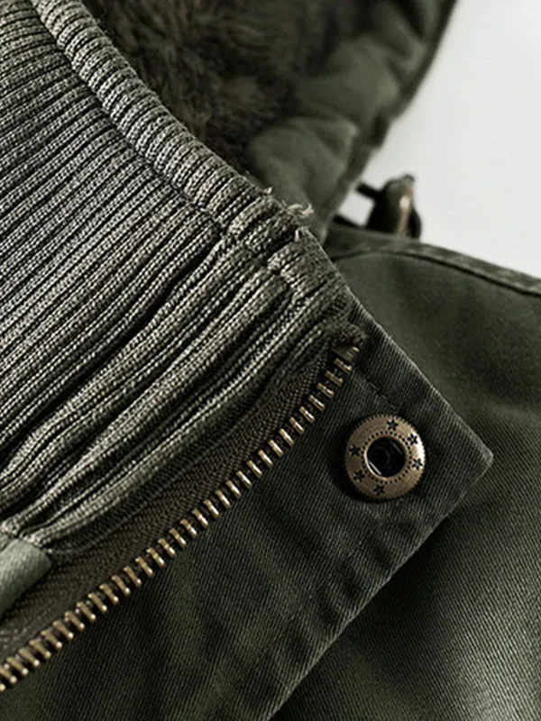 Men's Multi-Pocket Plush Thickened Hooded Cotton Jacket Coat